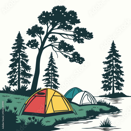 Night Camp Illustration: A serene scene under the moonlight with a tent set up near a large tree in a silhouetted illustration, evoking a sense of adventure and peaceful camping experience.	