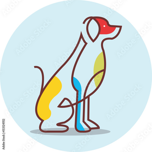 A stylized sitting dog outlined in brown with colorful segments in yellow, blue, green, and a red head. Set against a light blue circle, the design feels playful, vibrant, and modern. eps file 