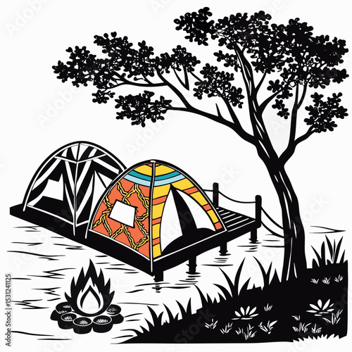 A set of camping icons showcasing tents, trees, mountains, and equipment for an outdoor nature adventure