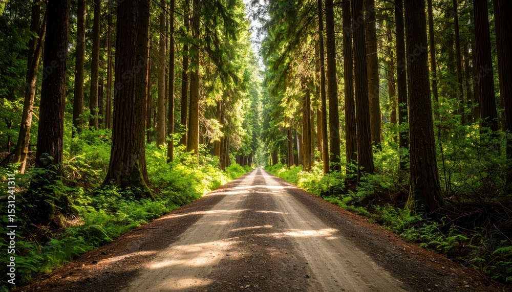 Naklejka premium Forgotten Logging Road Disappearing into Dense Forest Embracing Nature