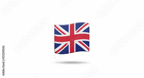 A glossy 3D square icon of the Union Jack, the national flag of the United Kingdom, with a realistic waving fabric texture, isolated on a white background.