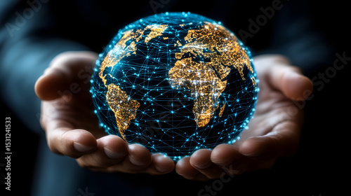 Global network connection world map technology in hand for international business concept