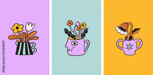 Playful surrealist flowers, houseplants and vases cartoon characters