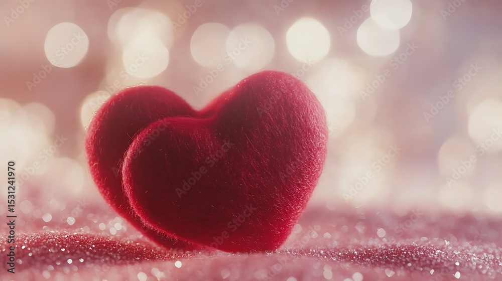 Obraz premium Two crimson felt hearts nestled together on a bed of pink glitter, bathed in soft, romantic light