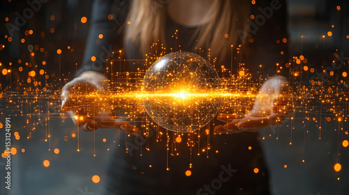Woman holding glowing orb futuristic technology innovation data science ai network connection concept