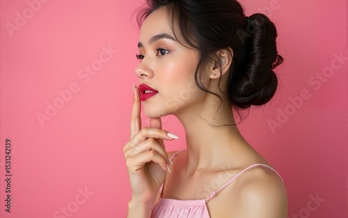 Close up side profile photo amazing beautiful she her wondered lady attractive appearance finger touch plump allure rose lips pomade lipstick wear cute colorful dress isolated pink bright background