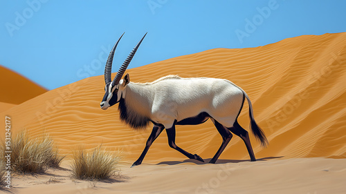 Fototapeta Naklejka Na Ścianę i Meble -  Arabian oryx walking across desert dunes