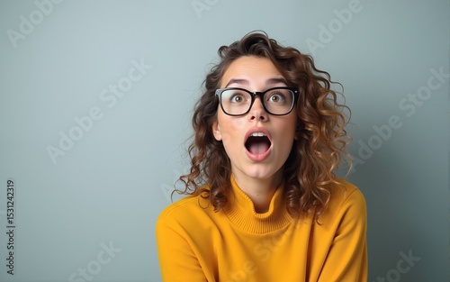 Surprised young woman in glasses over gray background. High quality