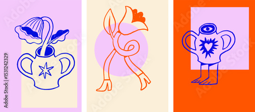 Retro surrealist flowers, houseplants and vases cartoon characters