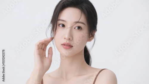 A person with a gentle expression, touching their face against a plain white background.