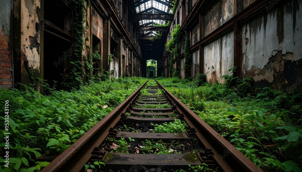 Obraz premium Overgrown Railway Track Running Through an Abandoned Industrial Area