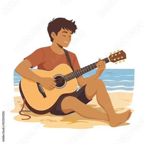 Teenagers playing guitar on the beach with a simple and minimalist flat design using a white background