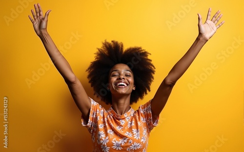 Happy afro woman triumphing with raised hands. High quality
