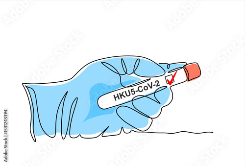 Continuous one line drawing of hand holding HKU5-CoV-2 test tube, bat coronavirus discovery in China. Potential human infection, like COVID-19. Hand drawn one line vector. Editable stroke