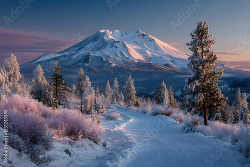 Oregon Snow. Mt Bachelor Winter Wonderland at Sunrise over Snowy Mountain photo