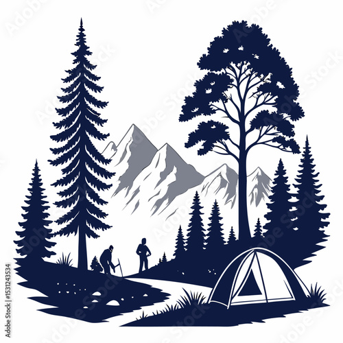 Forest Hike Adventure: Silhouette of hikers with a tent surrounded by towering trees, evoking a sense of adventure and the thrill of outdoor exploration.