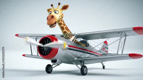 Giraffe piloting a tiny silver plane in whimsical illustration. Perfect for childrens books, travel blogs, and aviationrelated designs.
