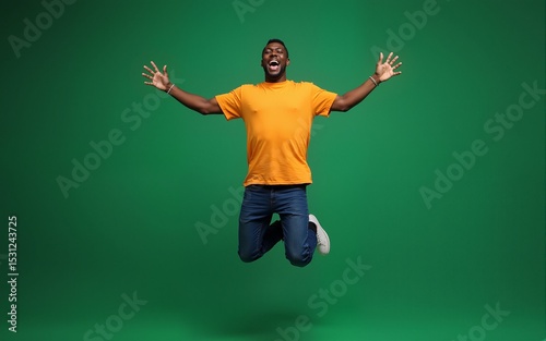 Studio shot of african man in bright shirt jumping isolated over dark green color background. Wow emotions concept. High quality