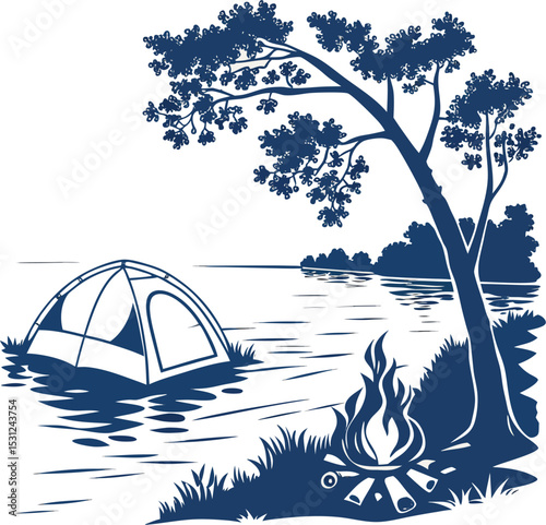 Camping Under Stars: A tranquil camping scene depicted in a clean vector illustration, with a tent nestled under a starry night sky next to trees, evoking a sense of adventure and peace.