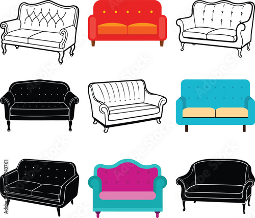 Collection of Diverse Sofa Designs Illustrations of Classic and Modern Couches