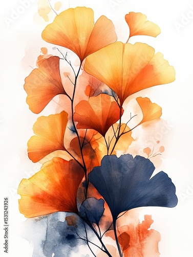 Ginkgo Biloba leaves are painted with watercolor in shades of orange and blue. Delicate brushstrokes create a vibrant display
