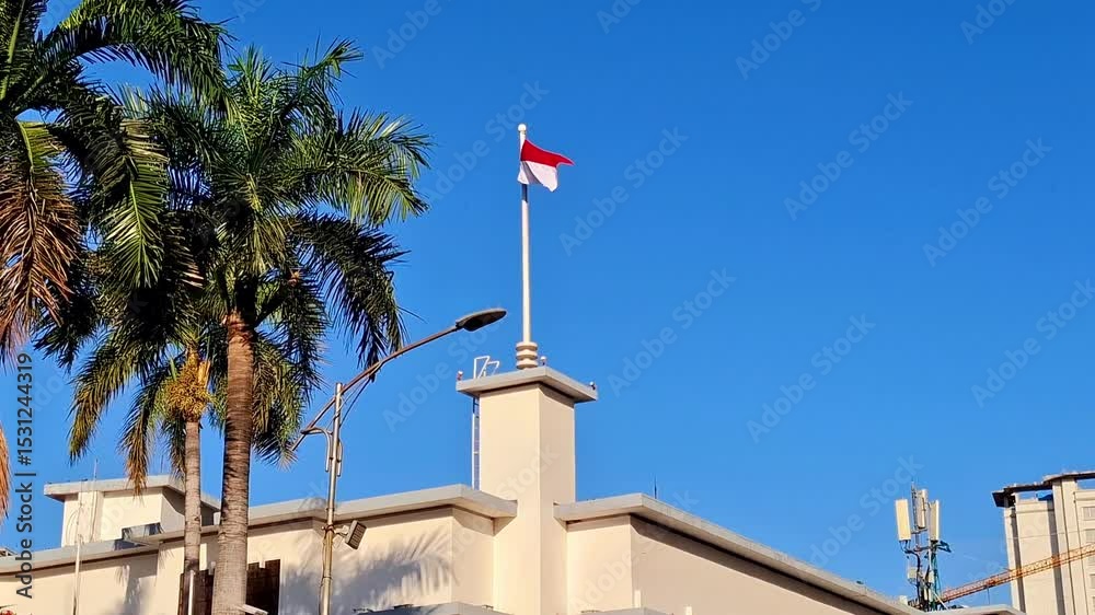 The Red and White flag flies at the site of the tearing of the Dutch flag into the Indonesian Red and White flag on the roof of the Oranje Hotel.