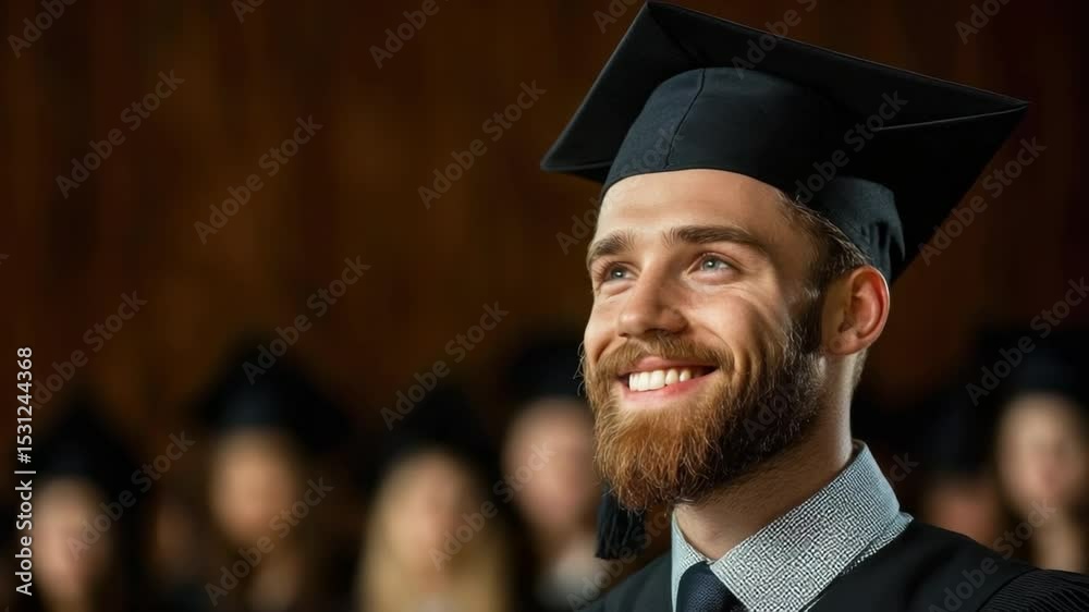 Young man with beard wearing graduation cap, looking dreamily at graduation ceremony, inspiring educational achievement moment 4k video footage