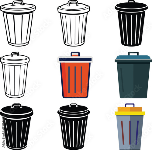 Collection of Trash Can Icons Diverse Styles and Colors for Design Projects