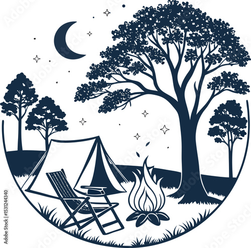 Night Camp Illustration: A serene scene under the moonlight with a tent set up near a large tree in a silhouetted illustration, evoking a sense of adventure and peaceful camping experience.