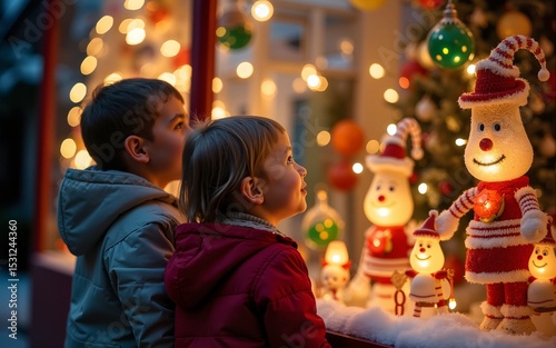 Photo of two children mesmerized by a festive Christmas window display. High quality