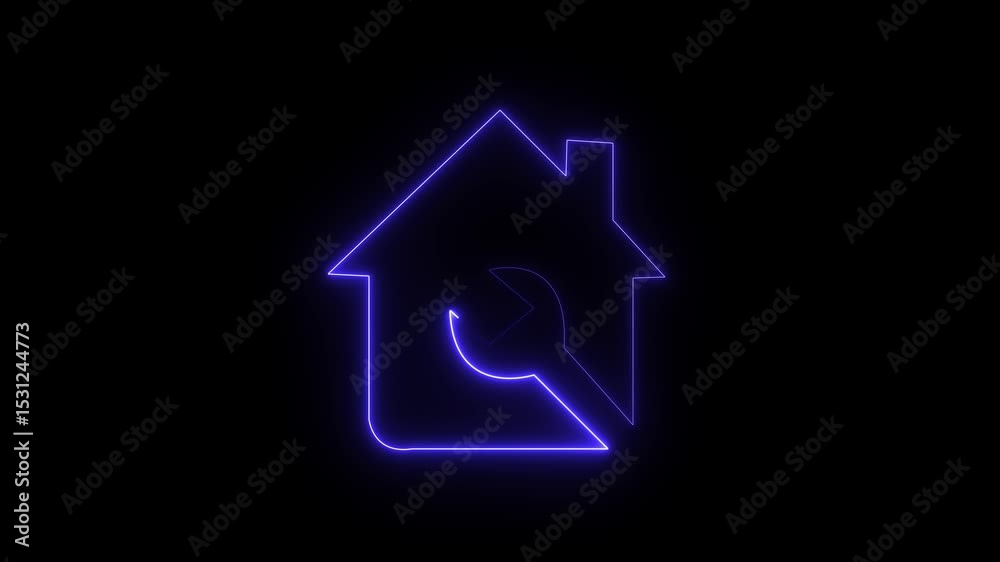 Glowing neon line House or home with wrench spanner icon isolated on black background. Adjusting, service, setting, repair, fixing. 