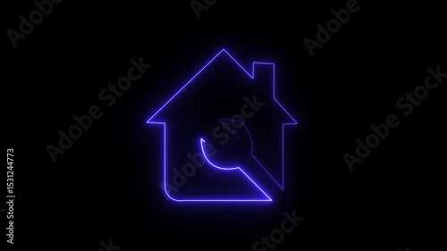 Glowing neon line House or home with wrench spanner icon isolated on black background. Adjusting, service, setting, repair, fixing. 
