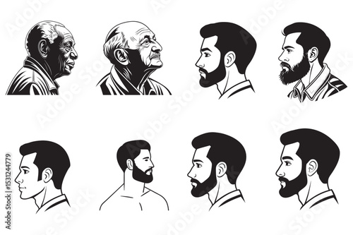 Collection of Male Portraits with Diverse Hairstyles and Beards