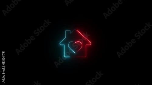 Neon Glowing House with Heart Symbol. Love Home Animation Loop for Real Estate, Glowing white lines on black background. Symbol of family, safety, care, warmth, protection,