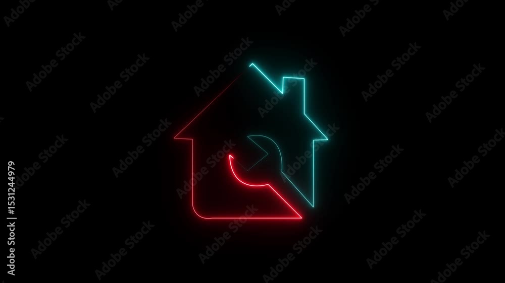 Glowing neon line House or home with wrench spanner icon isolated on black background. Adjusting, service, setting, repair, fixing. 