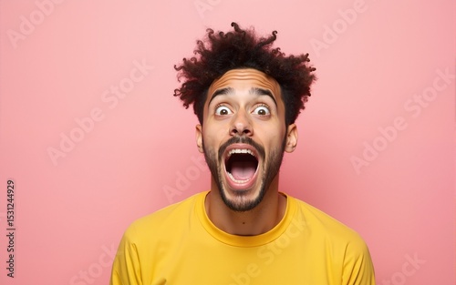 The surprised and astonished young man screaming with open mouth isolated on pink background. concept of shock face emotion. High quality