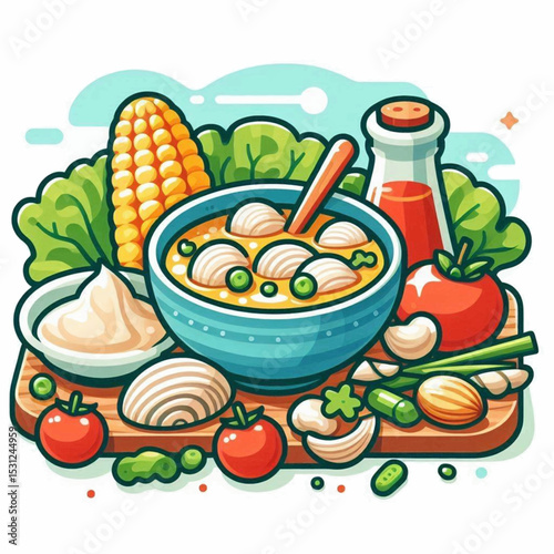 Vibrant food scene soup bowl vegetables and condiments on a cutting board