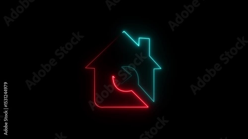 Glowing neon line House or home with wrench spanner icon isolated on black background. Adjusting, service, setting, repair, fixing. 