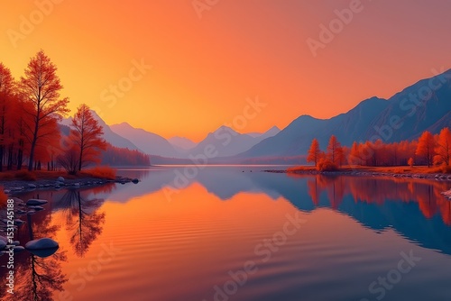 Scenic sunset lake reflection with mountains and orange autumn trees serene tranquility
