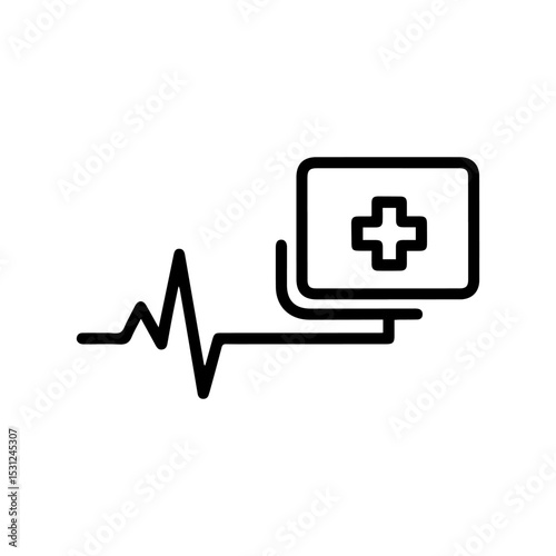 A black outline design shows a heart rhythm leading to a box with a medical cross inside