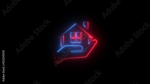 Glowing neon hand with house icon isolated on black background .