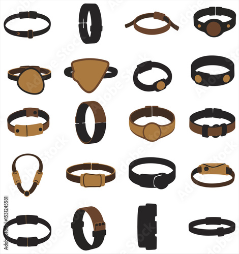 Stylish Wristband & Bracelet Collection: Modern Flat Design Armbands, Leather & Buckle Accessories, Contemporary Wearable Tech & Fashion Elements Set.