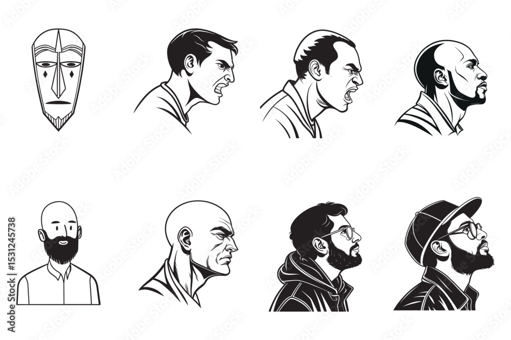 Fototapeta premium Collection of Male Portraits with Diverse Hairstyles and Beards