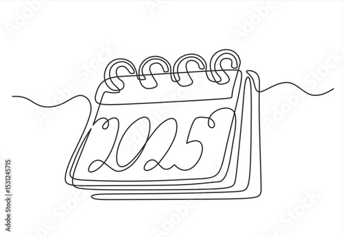 Loose-leaf calendar continuous line drawing. One line art of calendar 2025, memorable date, countdown, holiday, weekday and weekend. Hand drawn one line vector. Editable stroke	