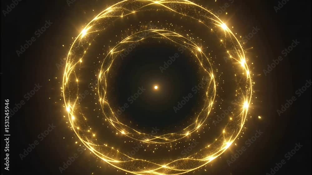 4K time-lapse of a super slow-motion shot capturing a single gold glitter circle of light shining and sparkling brilliantly against a deep black background
