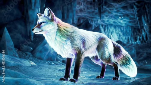 Illuminated white fox in icy cave