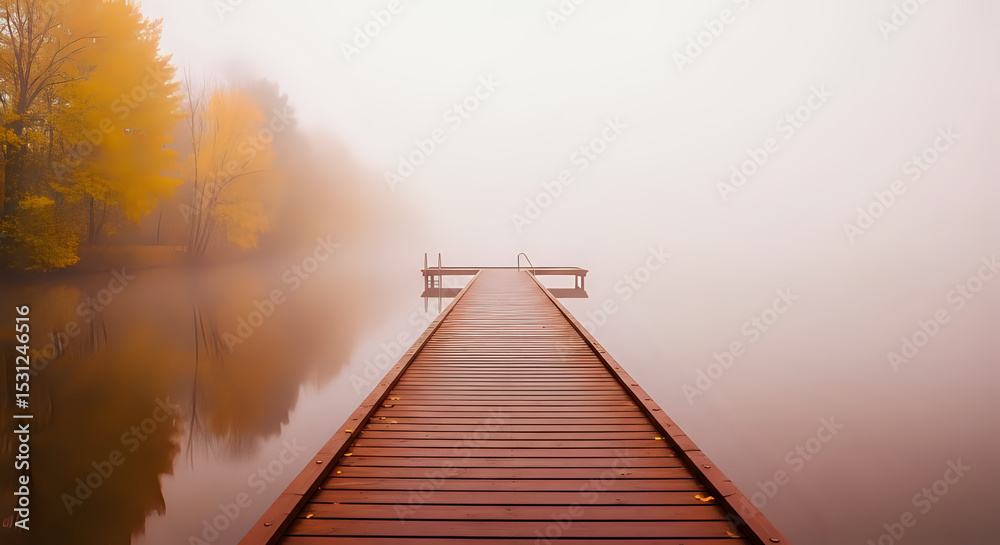 Fototapeta premium A wooden dock stretching into a misty lake with trees in the background on an overcast day