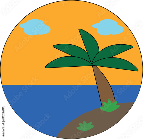 Summer round logo, Vector illustration of sunset, cartoon palm tree and sea