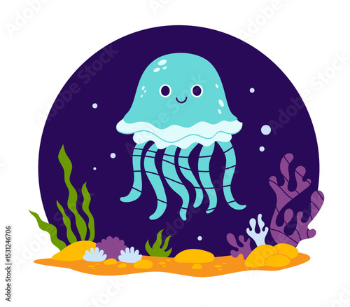Cute Jellyfish character with algae and seabed on dark blue background. Vector illustration. Kids collection