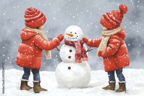 Two children wearing matching red winter puffer jackets and scarves are building a snowman together on a snowy winter day